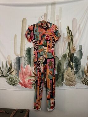 Farm Rio Tropical Print Short-Sleeve Jumpsuit in Multicolor